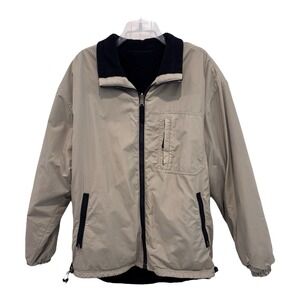 RBM Jacket Mens Medium Beige Flannel‎ Lined Windbreaker Fill Zip Pockets Stain
